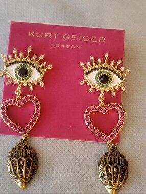 Kurt Geiger Gold Tone Evil Eye Earrings with Pink Crystal Hearts & ICONIC Eagle.